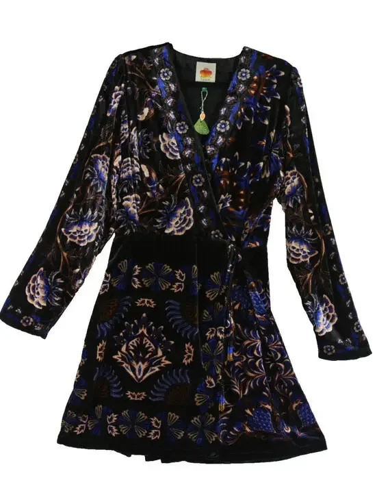 New, Farm Rio Arabesque Mix Scarves Floral Velvet Wrap Minidress Sz L #MD1629 - Picture 5 of 10